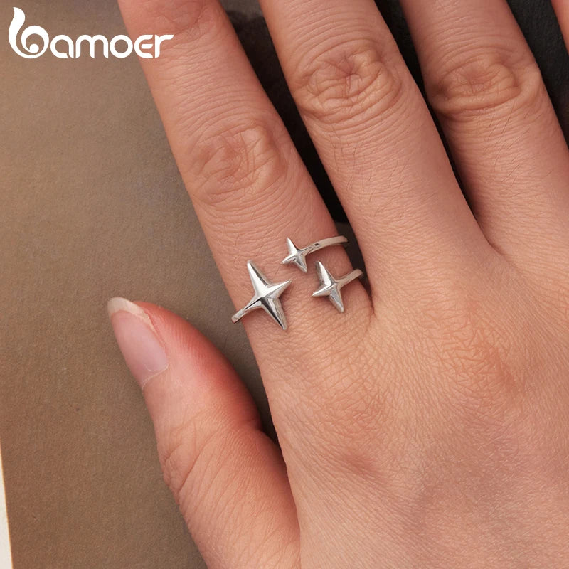 Bamoer Starlight Doppellagiger offener Ring, verstellbar, Drei-Sterne-Ring, Original, für Damen, Partnerinnen, Mädchen, minimalistisches Geschenk, Geburtstagsgeschenk