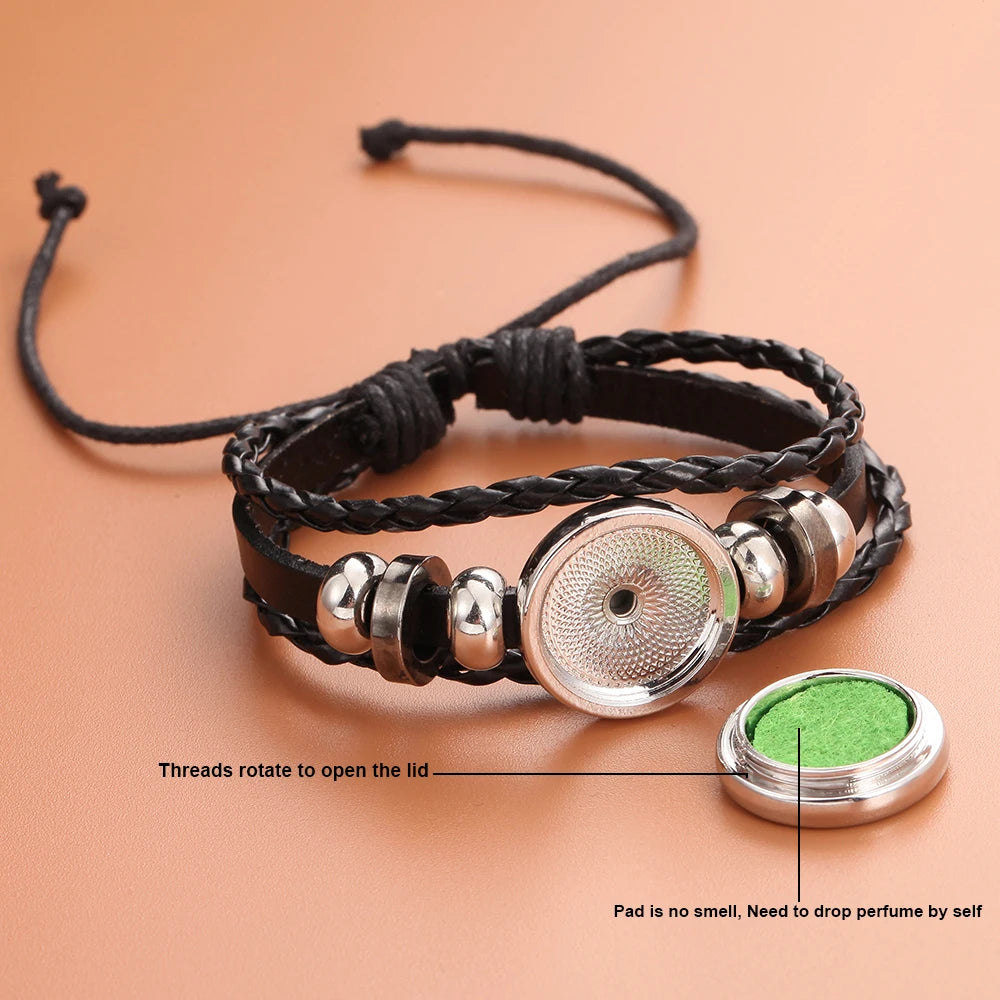 Black Leather Aromatherapy Bracelet Bangle Adjustable Leather Bracelet Perfume Essential Oil Diffuser Bracelet Locket Jewelry