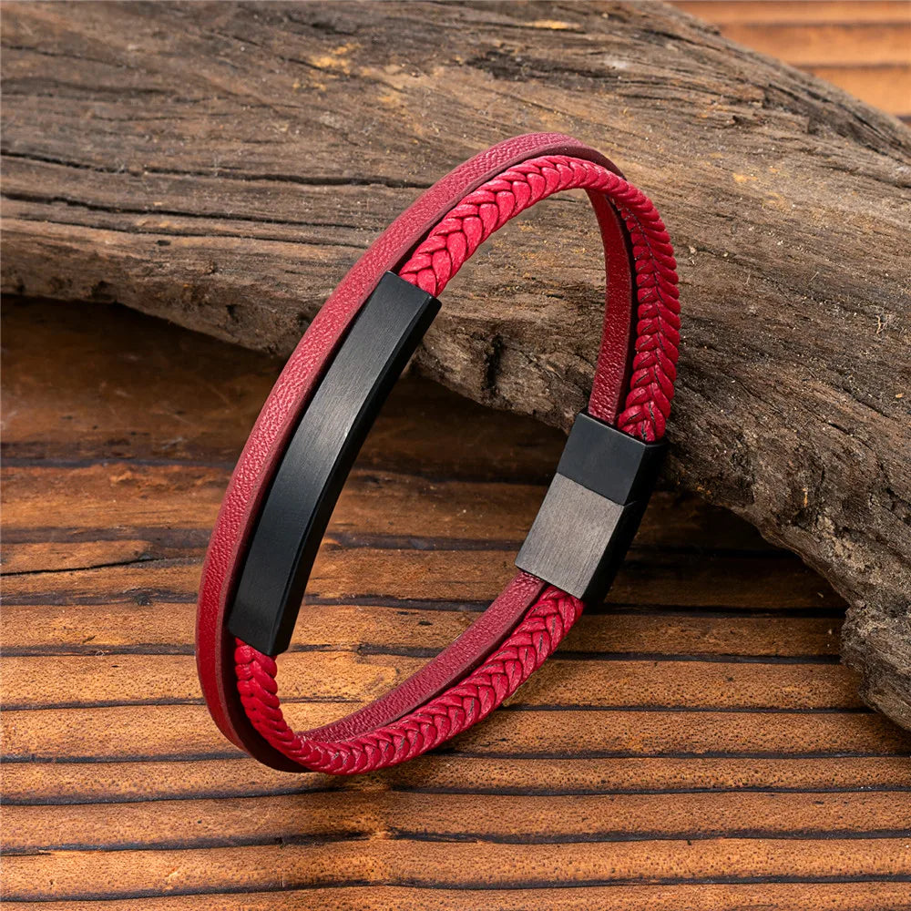 MKENDN Men Women Punk SOS Custom logo Name Engrave Text Adjustable Leather Bracelet customize Stainless Steel ID Bracelet - Madeinsea©