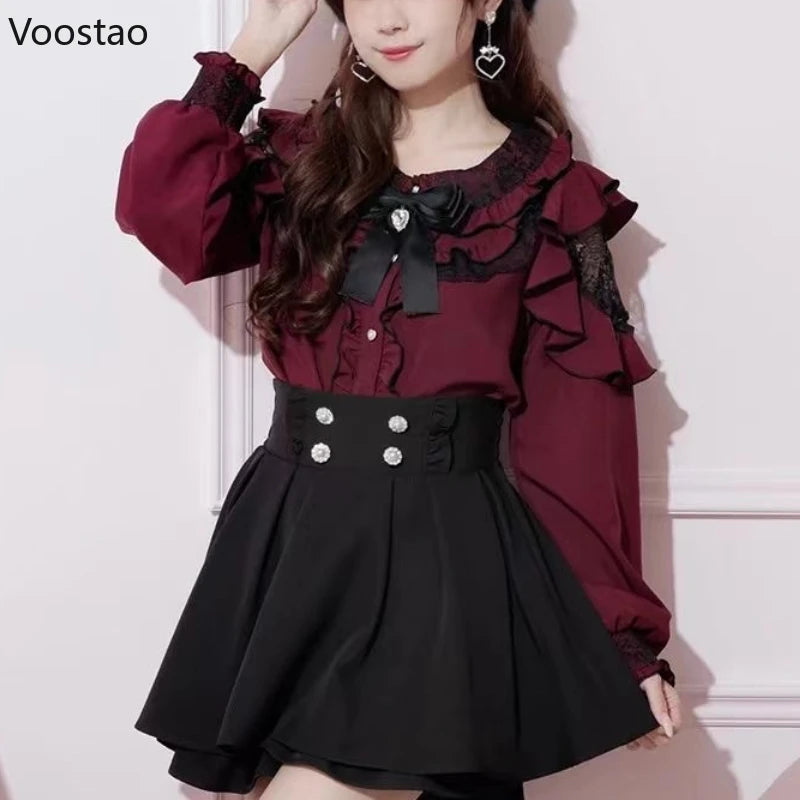 Japanese Gothic Lolita Shirt Women Y2k Aesthetic Sweet Bow Lace Ruffles Long Sleeve Blouse Women Harajuku Elegant Clothes Tops