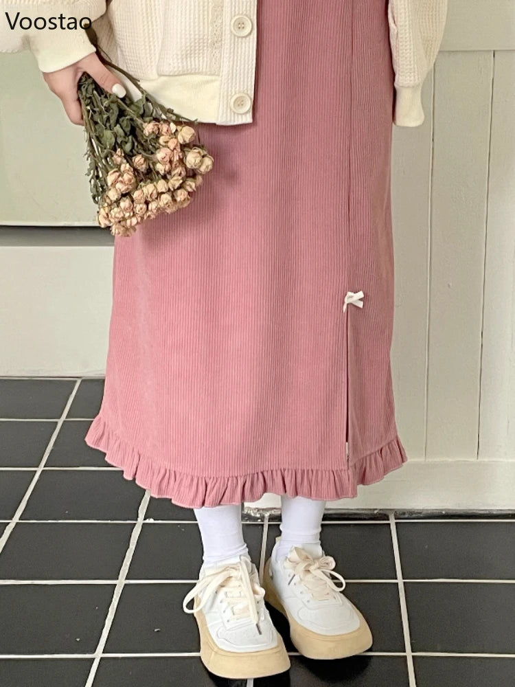 Spring Autumn Japanese Sweet Pink Ruffles Split Skirt Women Korean Cute Y2K Party Midi Skirts Female Elegant Corduroy Skirts