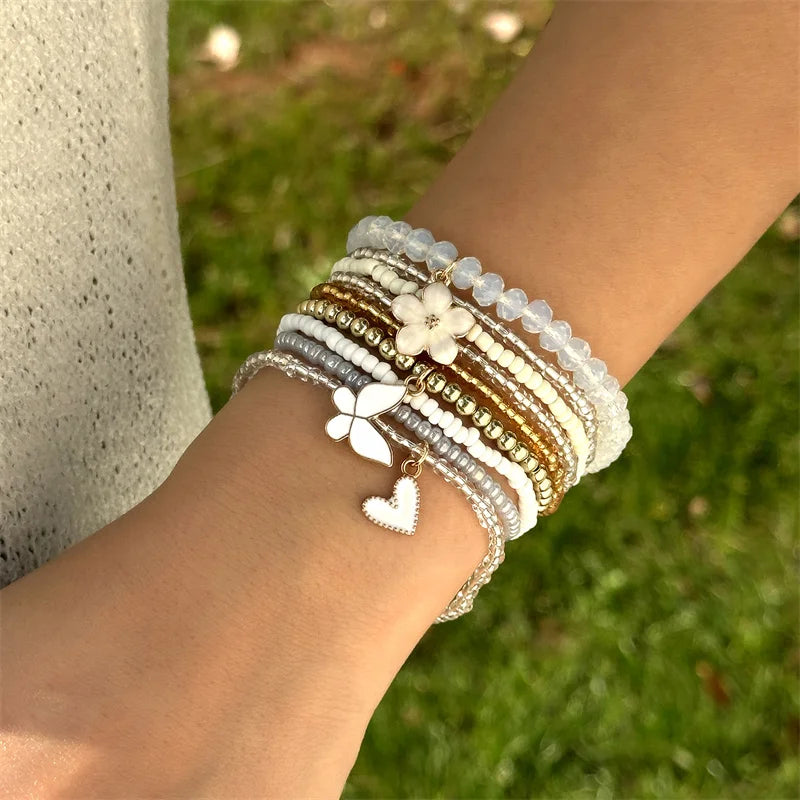 9pcs/set Bohemian Butterfly Flower Pendant Bracelet for Women Handmade Rice Beads Stacked Bracelet Summer Beach Party Jewelry - Madeinsea©