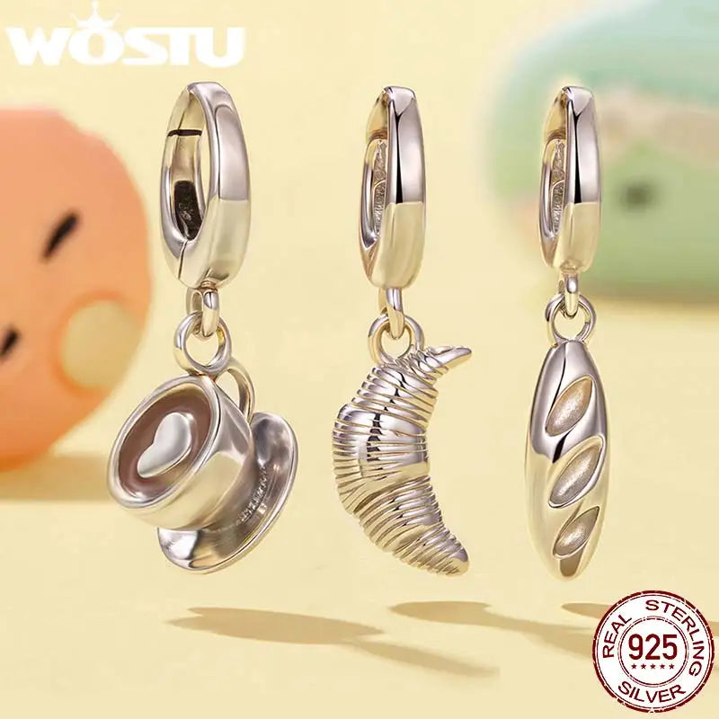 WOSTU 925 Sterling Silver Clip Charms For DIY Jewelry Making, Coffee Cup Croissant Food Bead Cross Zircon Pendant