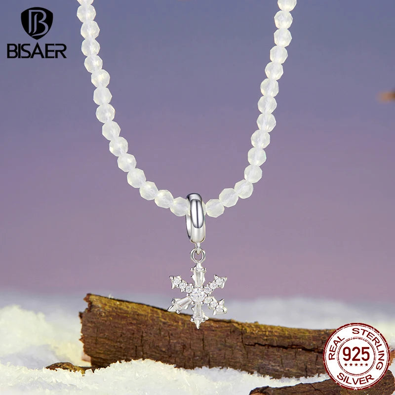 Collier pendentif fleur de glace BISAER en argent sterling 925 avec breloque en forme de perle chaîne réglable plaquée or blanc pour femme bijoux fins