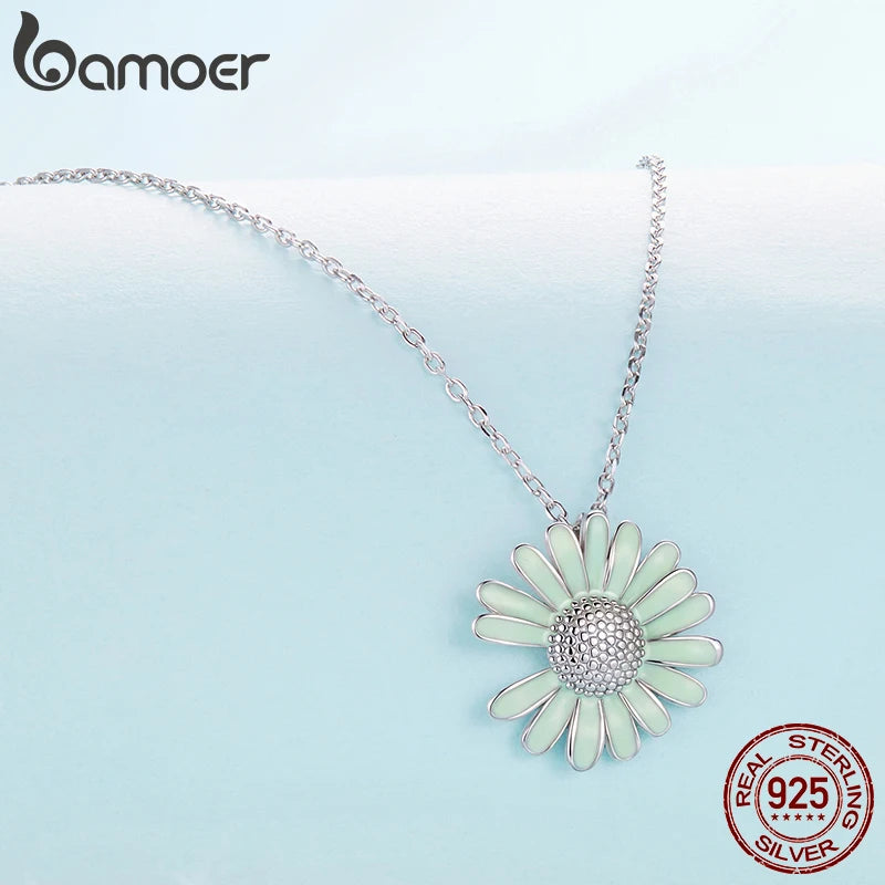 BAMOER 925 Sterling Silver Daisy Pendant Necklace Fresh Green Flower Chain Necklace for Women Teens Mother's Day Jewelry Gift