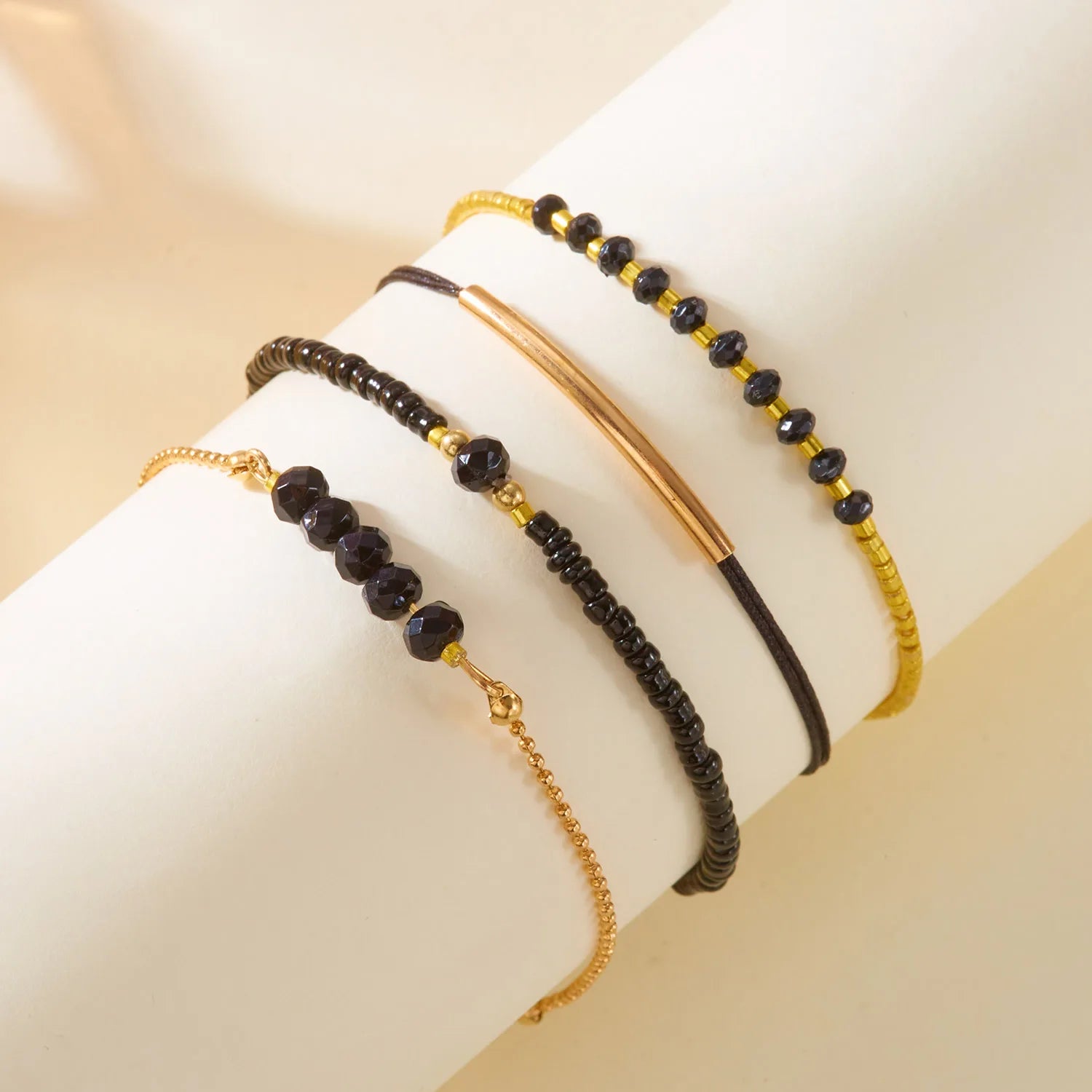 Handmade Black Glass Stone Bracelet Set For Women Bohemian Multilayer Stacked Rice Beaded Link Chain Bangle Fashion Jewelry