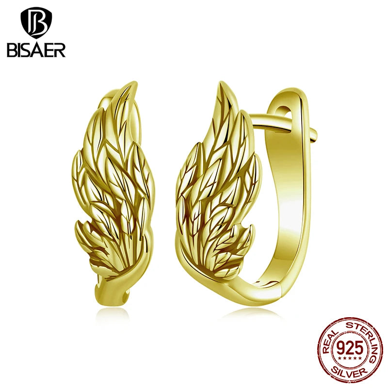 BISAER Solid 925 Sterling Silver Angel Wings Ear Buckles Vintage Wing Hypoallergenic Earrings Plated Gold for Women Fine Jewelry