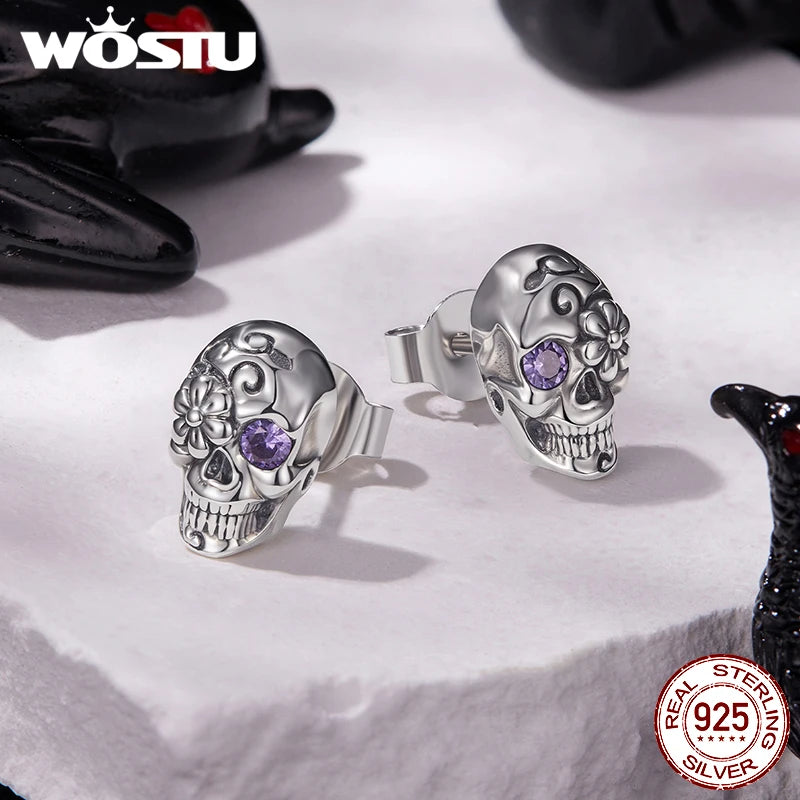 WOSTU 925 Sterling Silver Vintage Skull Stud Earrings For Women, Purple Rose Heart Zircon Punk Spider Ear Studs Halloween gift