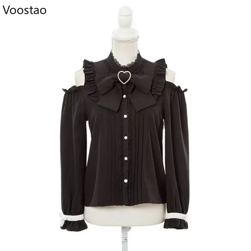 S-4XL Kawaii Women Lolita Shirts Bow Hearts Buckle Blouse Y2k Japanese Hollow Out Long Sleeve Sweet Tops Office Ladies JK Shirt