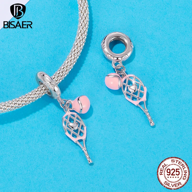 BISAER 925 Sterling Silver Pink Headphone Charm Bead Tennis Volleyball Barbell Pendant For Women Girl DIY Bracelets Fine Jewelry