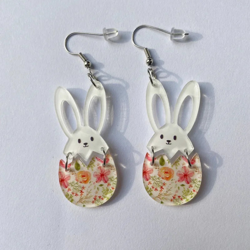 2025 Frühling FROHE OSTERN Hase Ohrringe für Frauen Niedliche Cartoon-Kaninchenohren Karotte Osterei Acryl Baumeln Ohrring Party