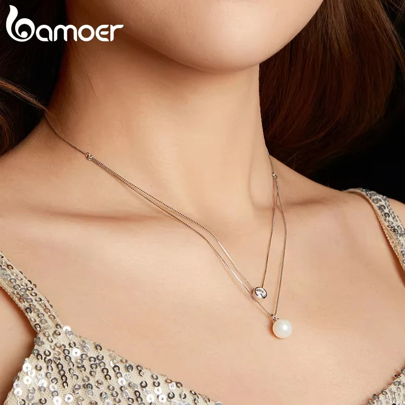 BAMOER Moissanite Pearl Necklaces for Women, Dainty 925 Sterling Silver Choker Double Layer Necklace Elegant Jewelry Necklaces