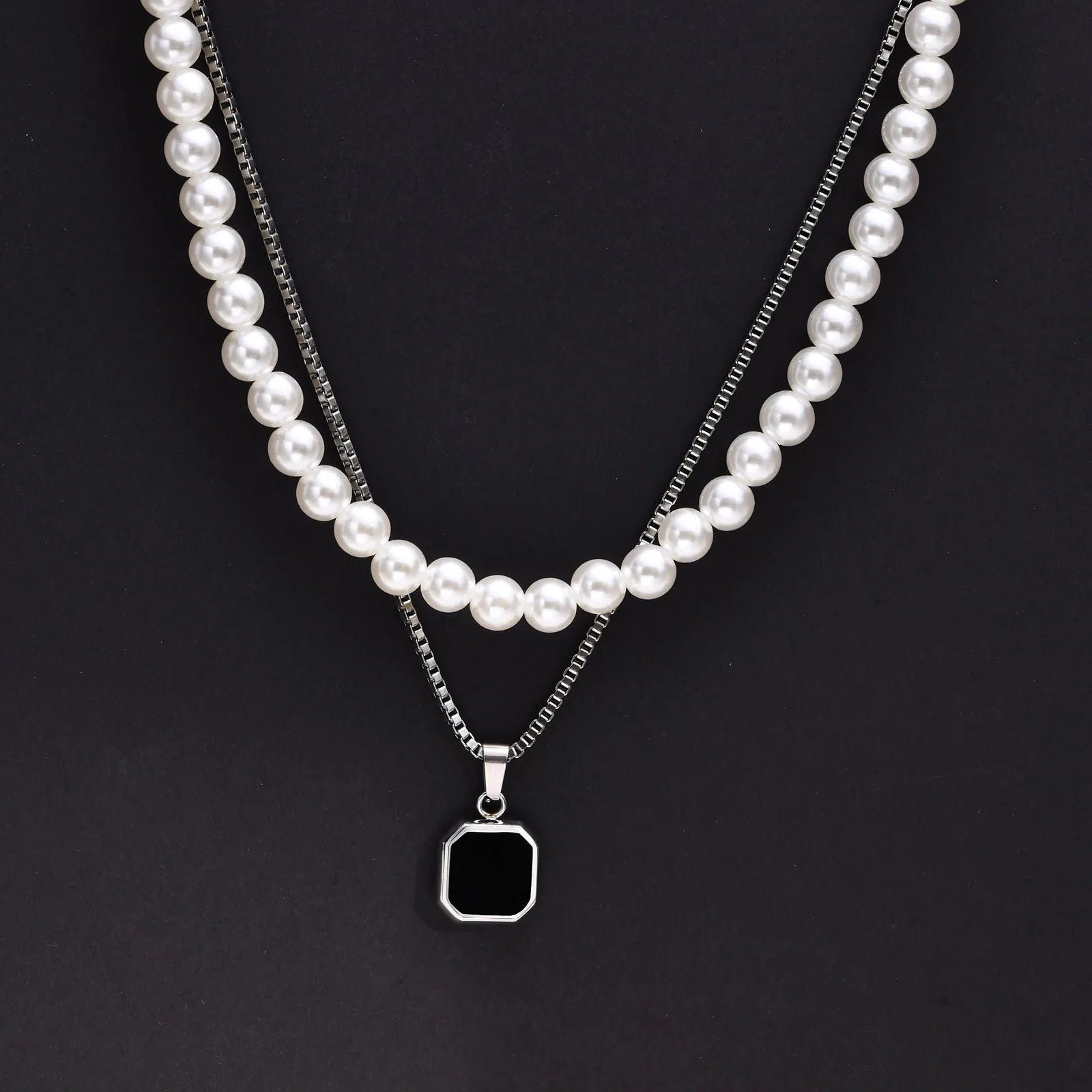 Vnox 2pcs Necklaces Set for Men, Geometric Square Pendant with 55cm Rope Box Cuban Chain, Simulated Pearl Chain Steel Collar