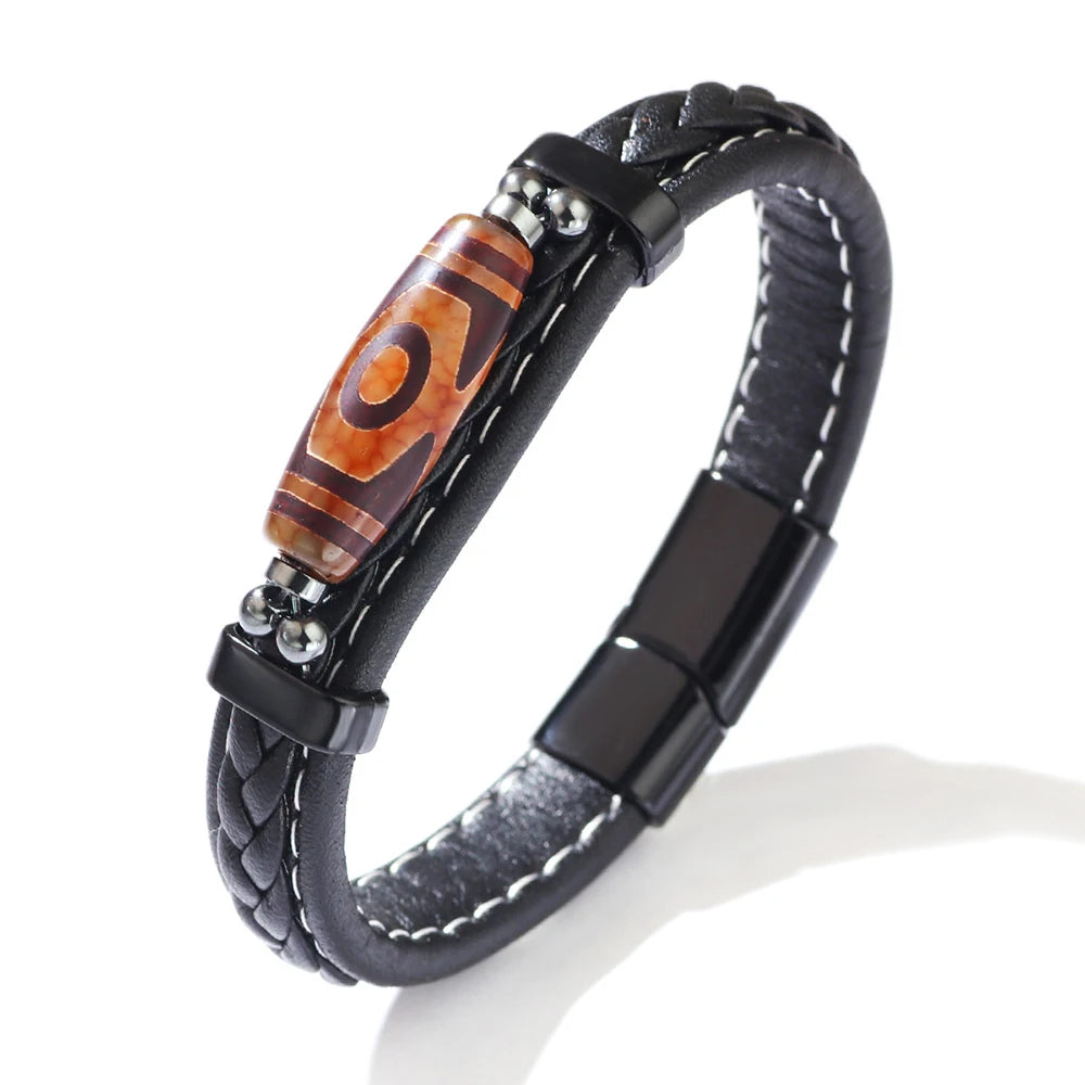 MKENDN Charm Herrenarmband, tibetischer Buddhismus, neunäugiges Dzi-Perlenarmband, Lederarmband, Edelstahl-Accessoires, Glücksarmband