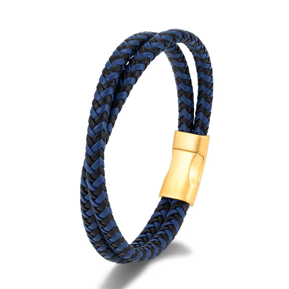 MKENDN Simple Style Men Braided Blue Brown and Black Leather Bracelet Matte Black Stainless Steel Button Accessories Jewelry