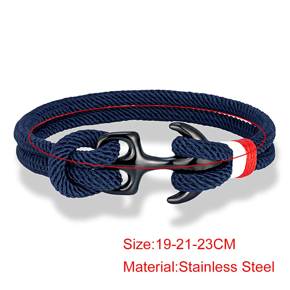 MKENDN Schwarzes Ankerarmband für Damen und Herren, zweireihiges Armband aus nautischem Seil, Sportschließe aus Edelstahl, maritimer Schmuck