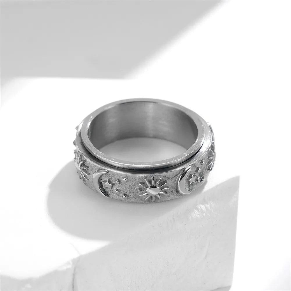 MKENDN High Quality Stainless Steel Embossed Star moon sun Rotatable Ring For Men Women Fashion Finger Jewelry Gifts