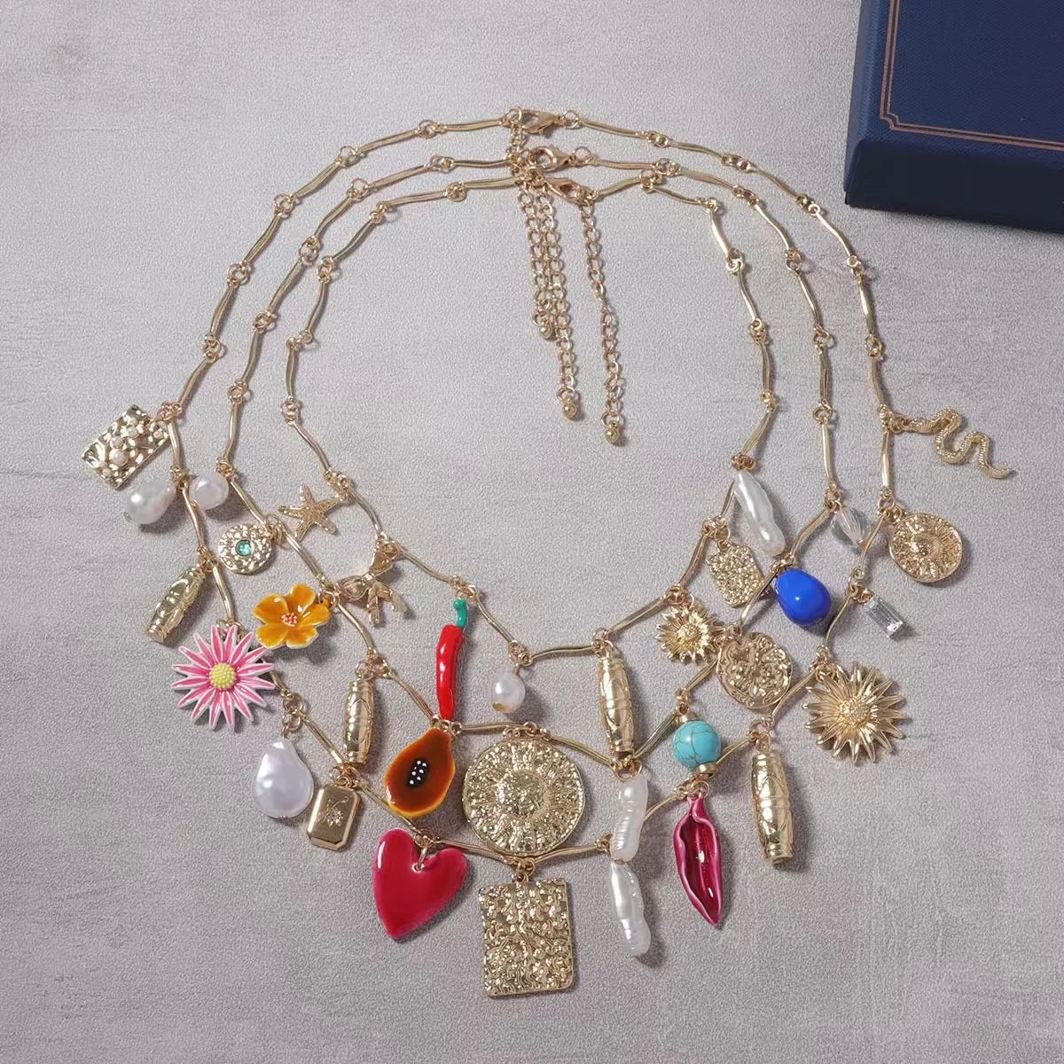 ZAA Cute Multi-Layer Snake Chili Flower Tassel Pendant Necklace