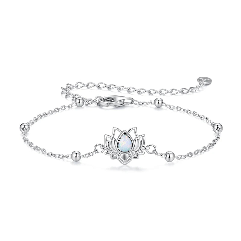 WOSTU 925 Sterling Silver Lotus Bead Chain Bracelet for Women, Adjustable White Opal Pendant Link Yoga Meditation Jewelry Gi