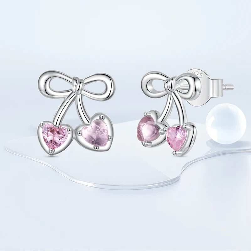 WOSTU Pink Cherry Bow Earrings For Women , Girl 925 Sterling Silver Stud Earrings Birthday Party Gift, Hypoallergenic Studs Xmas