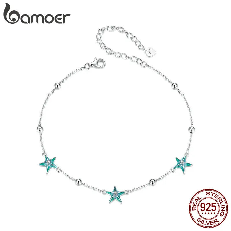 BAMOER 925 Sterling Silver Blue-green Seastar Charm Anklet Simple Chain Foot Jewelry for Women White Gold Plated Summer Jewelry