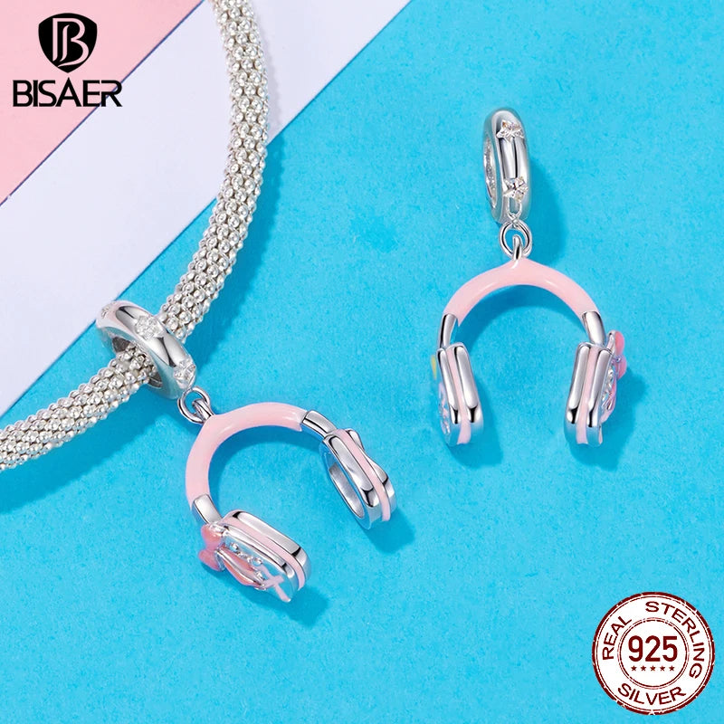 BISAER 925 Sterling Silver Pink Headphone Charm Bead Tennis Volleyball Barbell Pendant For Women Girl DIY Bracelets Fine Jewelry