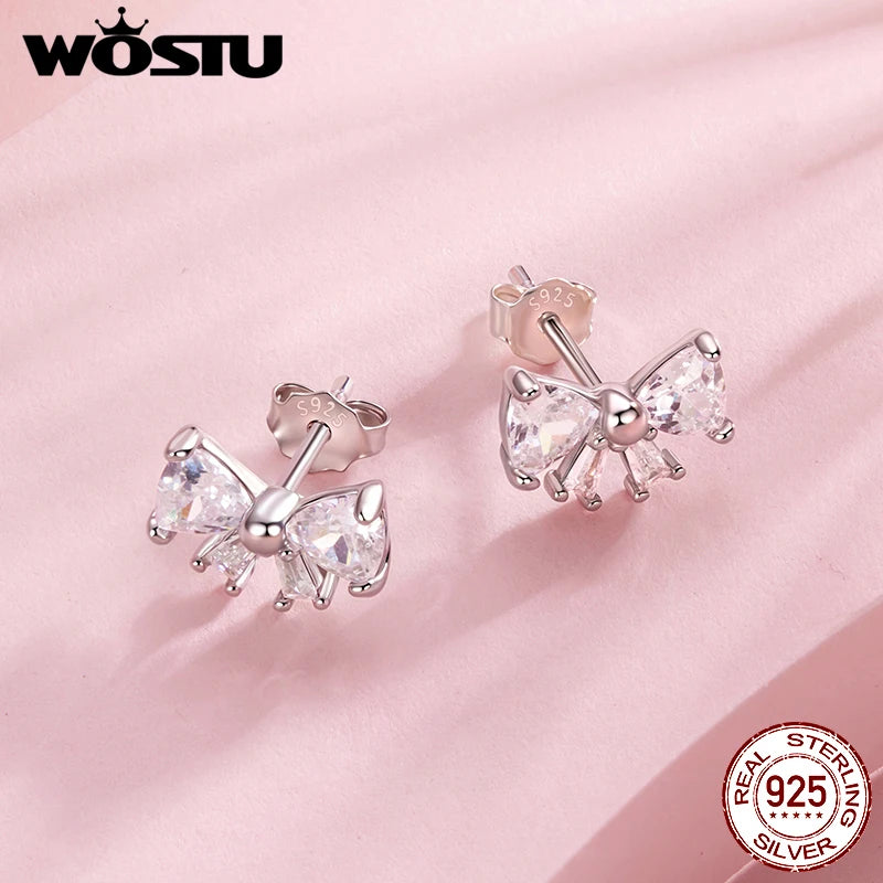 WOSTU Sweet Bowknot Earrings 925 Sterling Silver 925 Sterling Silver Clear AAA Zircon Bow knot Stud Earring Birthday Party Gift