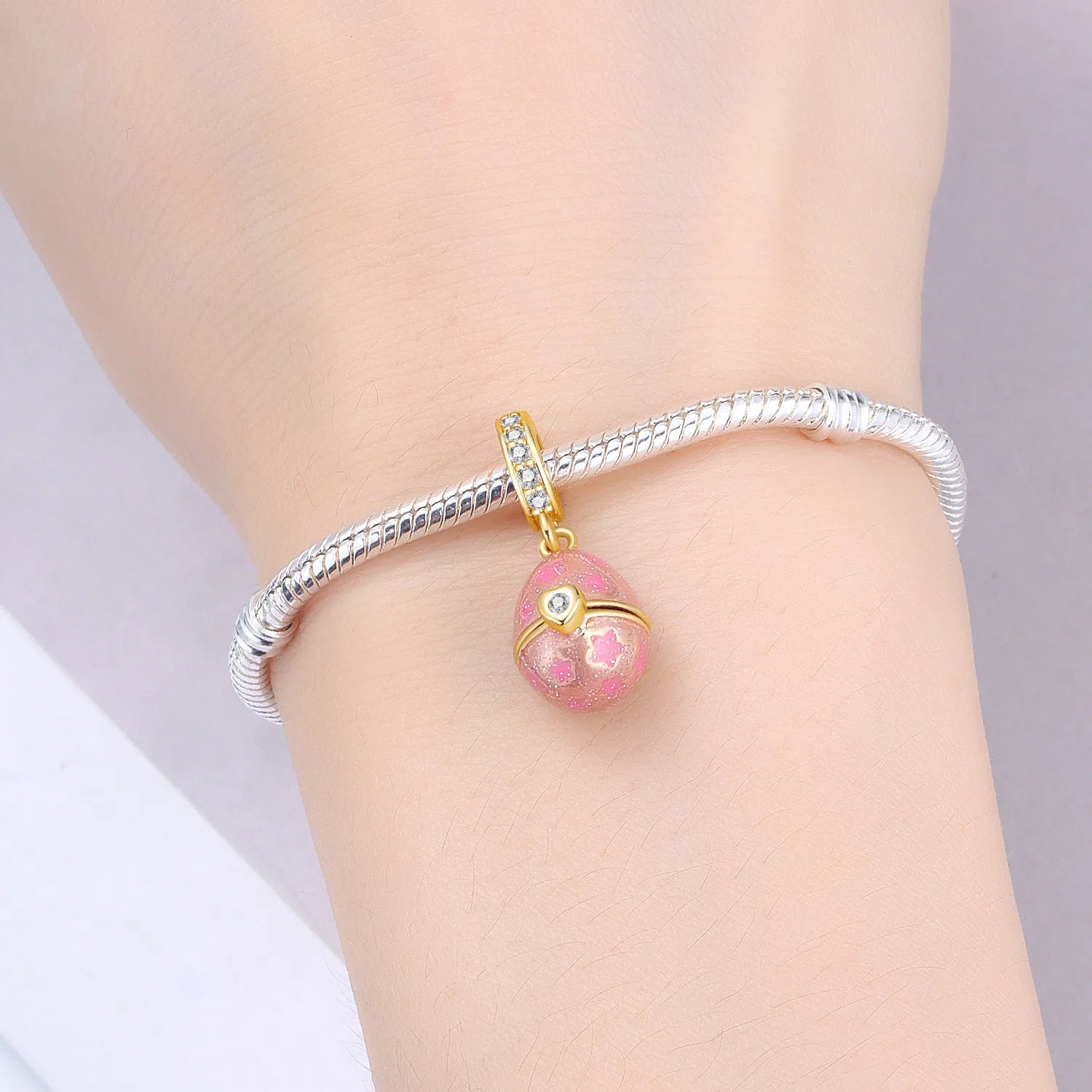 PANPOKI 925 Sterling Silver Pink Easter Love Egg Beads Original Pendants Bracelet Charm Jewelry Party DIY Trendy Gifts
