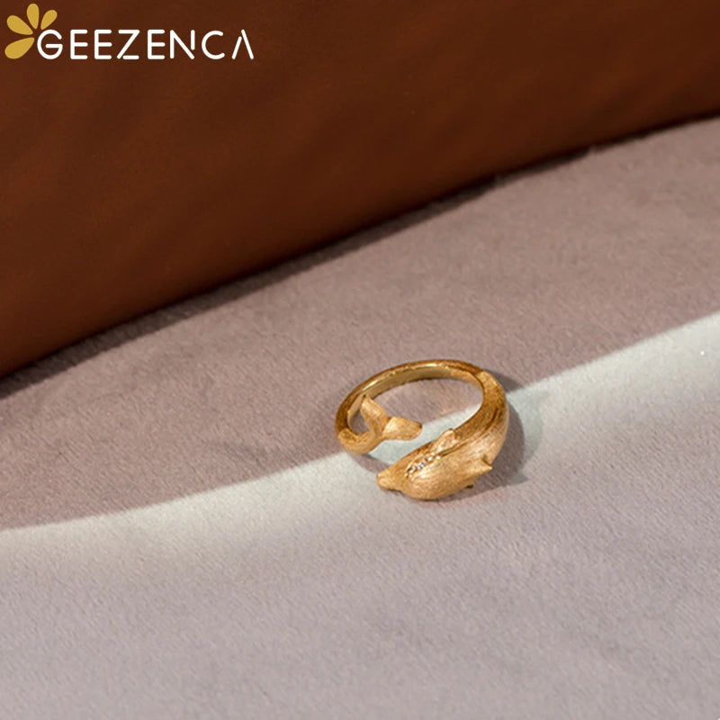 GEEZENCA 925 Silver Moissanite Stone Dolphin Shaped Resizable Rings For Women 18K Gold Italian Craft Chic Luxury Ring 2024 New