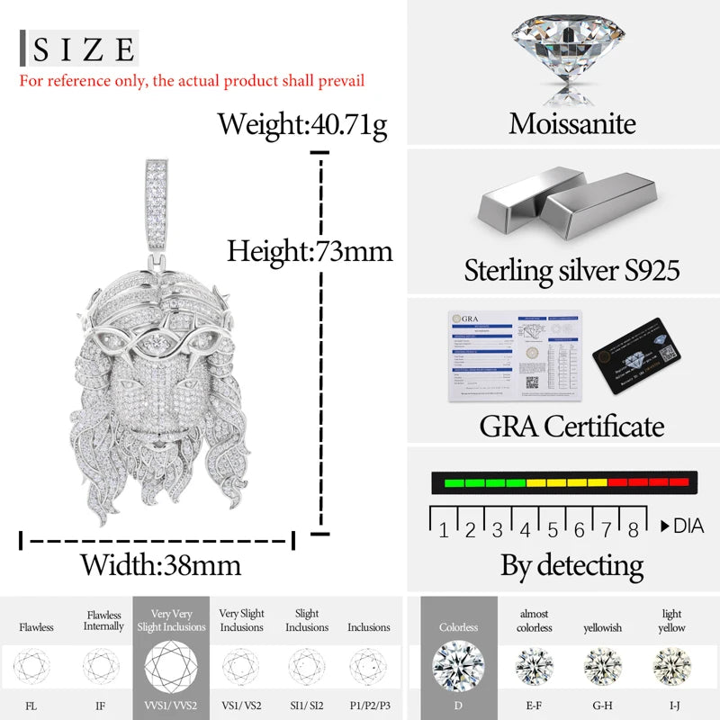 Pendentifs unisexes TUHE de haute qualité en moissanite D VVS sertis de pierres, représentant Jésus, pour hommes, style hip-hop