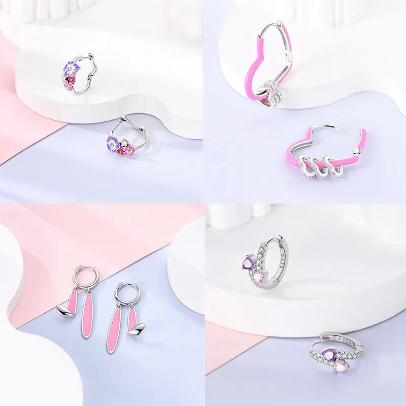 Pink Series 925 Sterling Silver Romantic Flower Butterfly Unicorn Tulip Geometry Earrings Boutique Fine Jewelry Gifts for Women