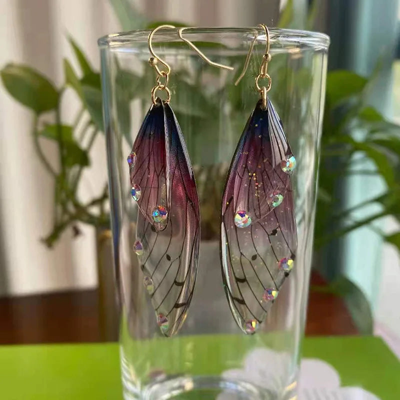 Minar Fairy Clear Gradient Resin Simulation Wings Butterfly Rhinestone Flake Long Dangle Earrings for Women Casual Party Jewelry