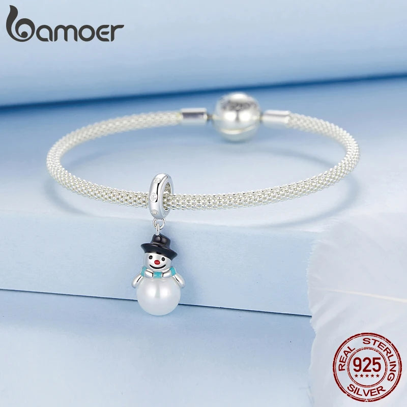 BAMOER Solid 925 Sterling Silver Pearl Snowman Pendant Bead fit Original Bracelet & Necklaces Jewelry DIY bamoer Charm BSC1071