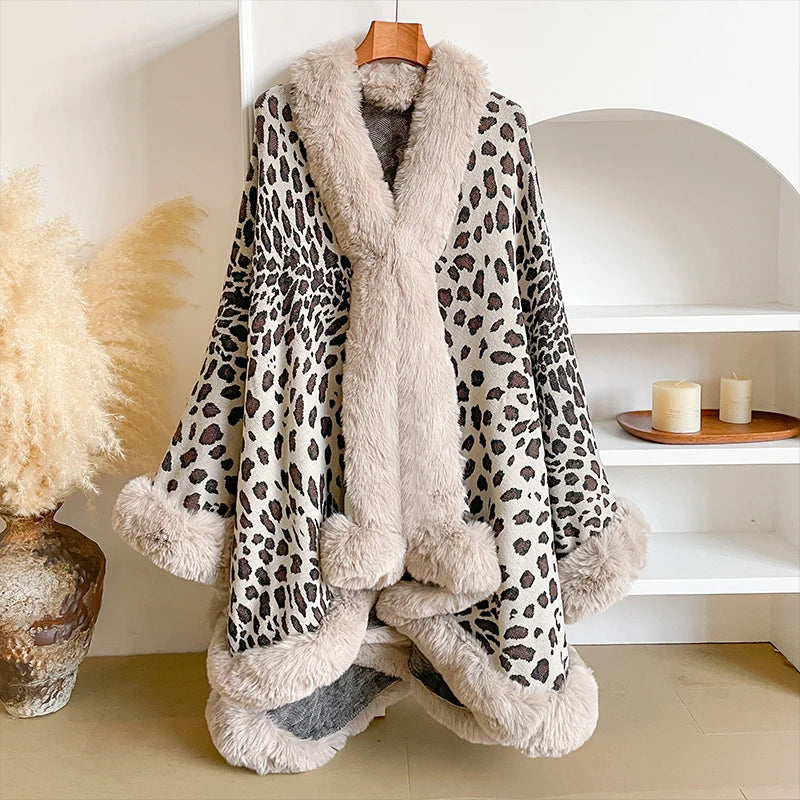 Women's Thick Warm Leopard Print Outerwear - Y2K Streetwear & Elegant Cloak Coat Jacket & Poncho for Autumn Winter