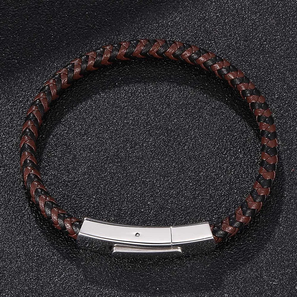 MKENDN Simple Classic Men Handmade Coffee Black Leather Braided Rope Man High Quality Stainless Steel Button Jewelry