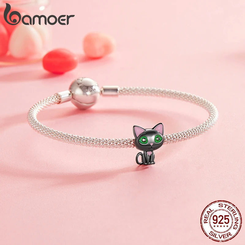 BAMOER Solid 925 Sterling Silver Black Cat Charm Bead fit Original Bracelet & Necklaces Jewelry DIY bamoer Animal Charm