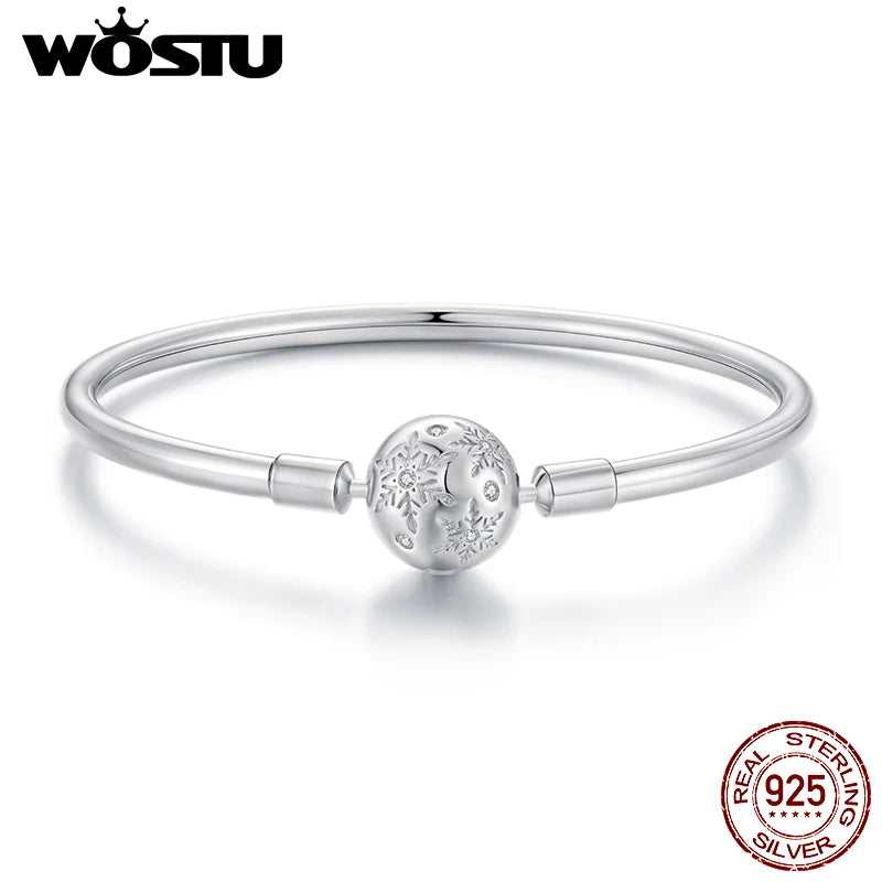 WOSTU 925 Sterling Silver Snowflake Bangle Bracelet With Zircon , Snake Chain Bangles Fit DIY Charms Valentine Xmas Jewelry Gift