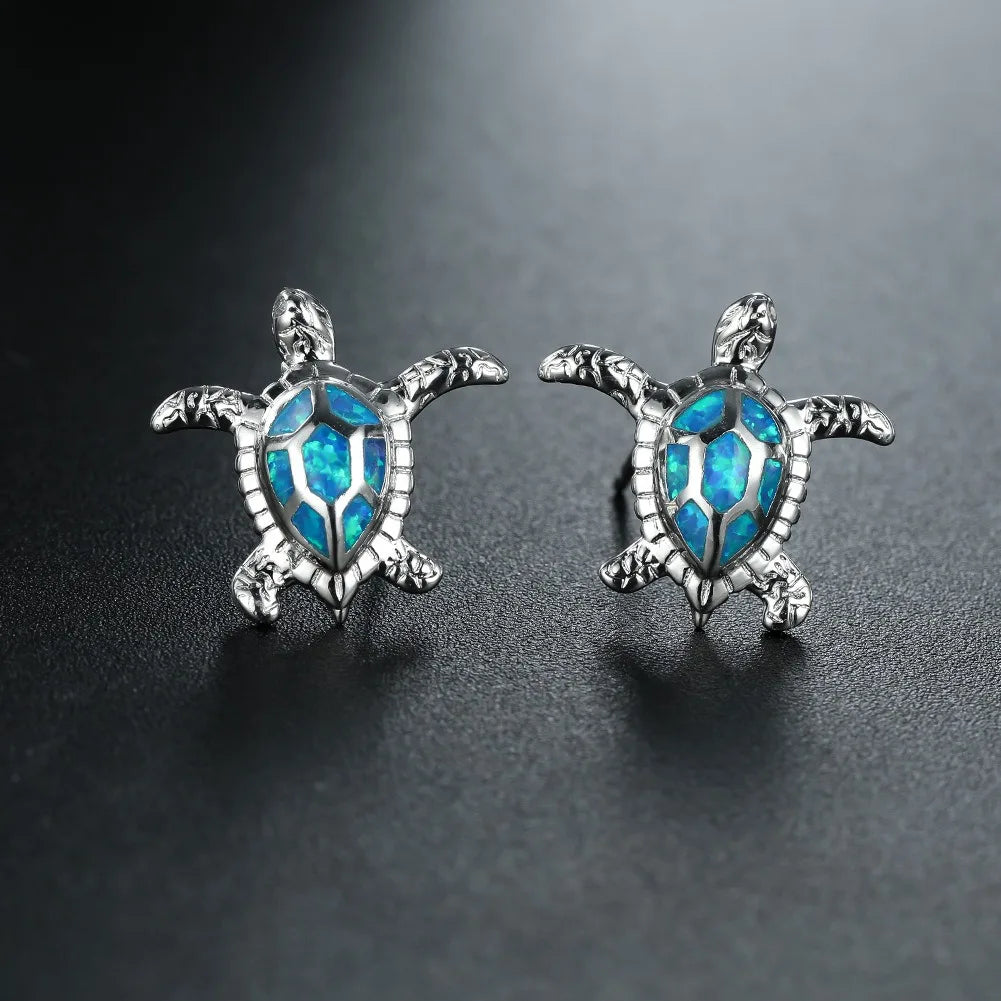 Boho Cute Sea Turtle Stud Earrings For Women Fashion Imitation Blue Fire Opal Earrings For Women Wedding Band Jewelry Gifts