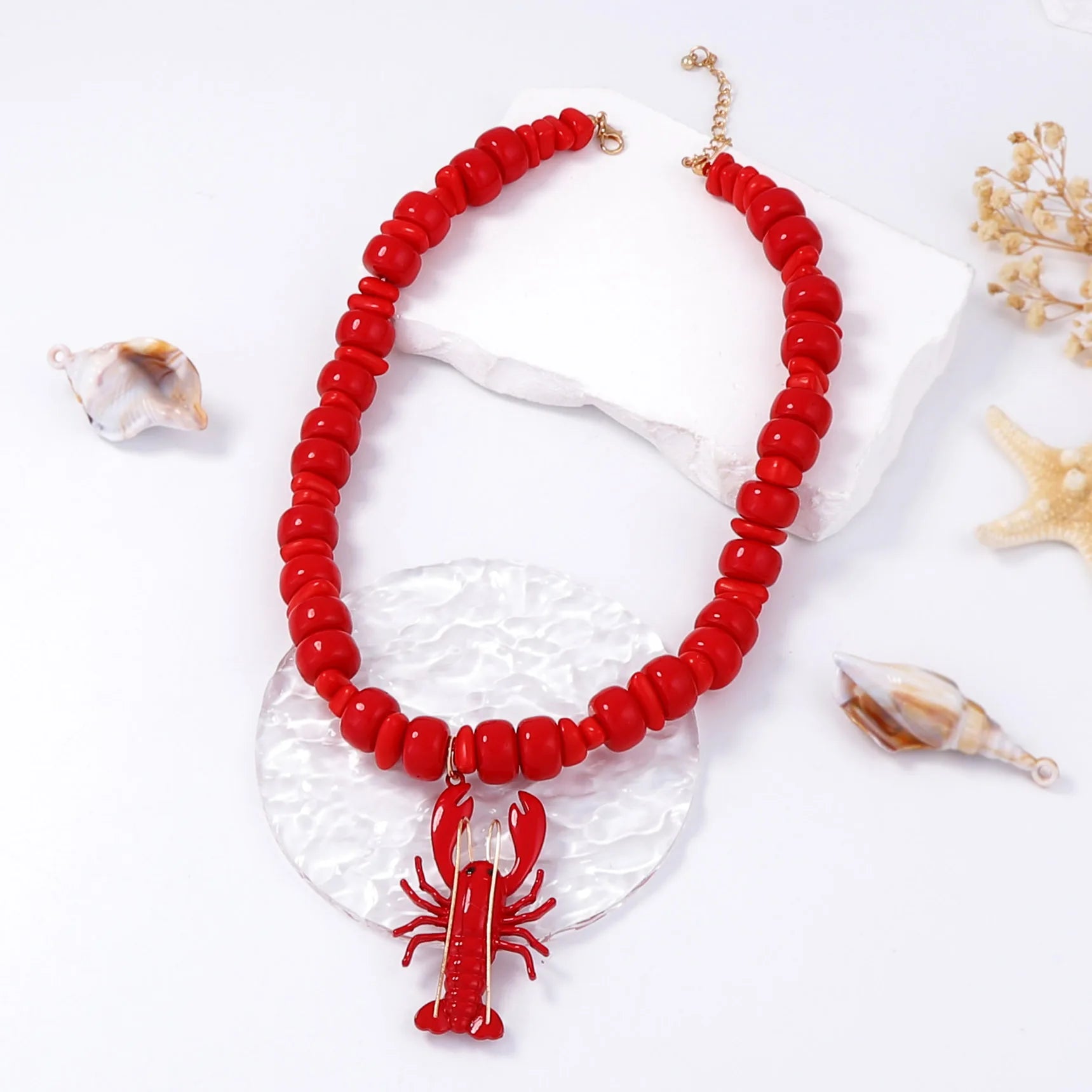 Fashion Beach Ocean Vacation Style Alloy Spray Painted Lobster Pendant Bead Necklace