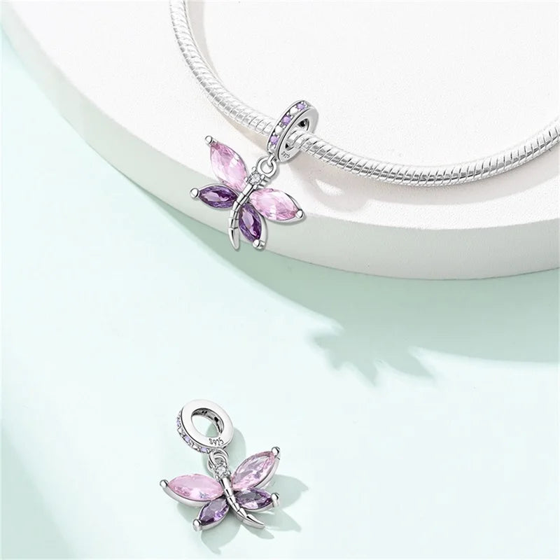 Springtime 925 Silver Gem Butterfly Dragonfly Flowers Charms Pendant Fit Pandach 925 Original Bracelets DIY Little Fresh Jewelry