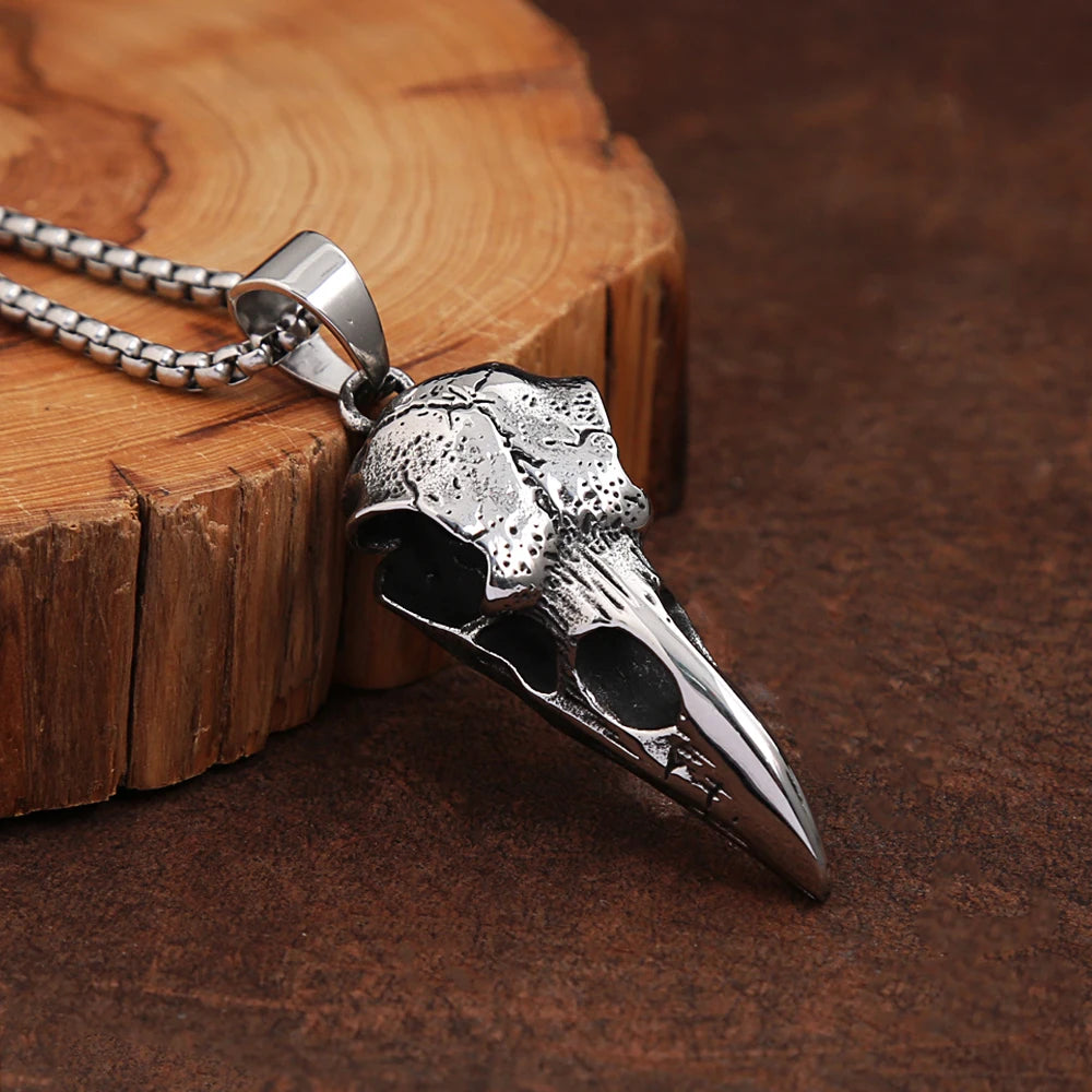 Punk Vintage Viking Crow Head Bird Skull Pendant For Men Boys Stainless Steel Nordic Viking Animal Necklace Fashion Jewelry Gift