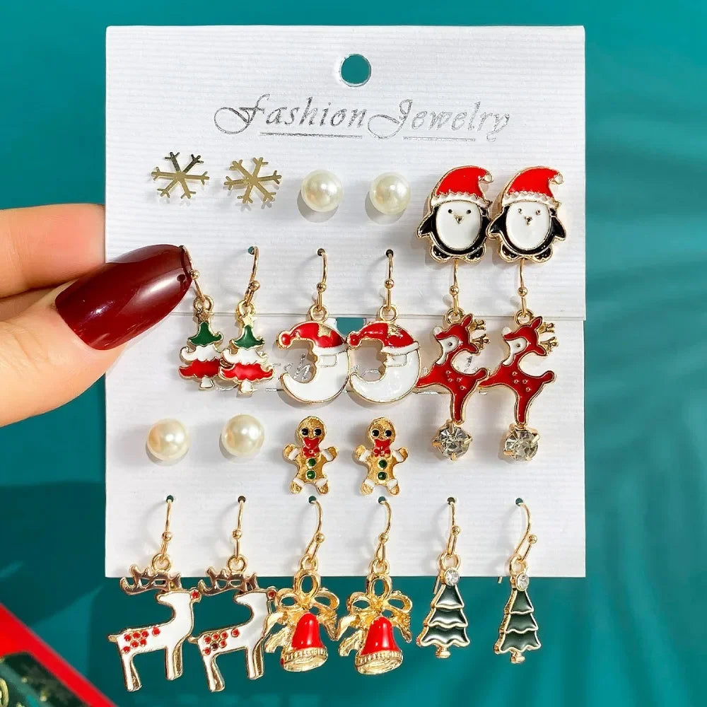 Ensemble de 6 paires de boucles d'oreilles de Noël, motif dessin animé dégoulinant d'huile, élan, Père Noël et sapin de Noël pour femmes