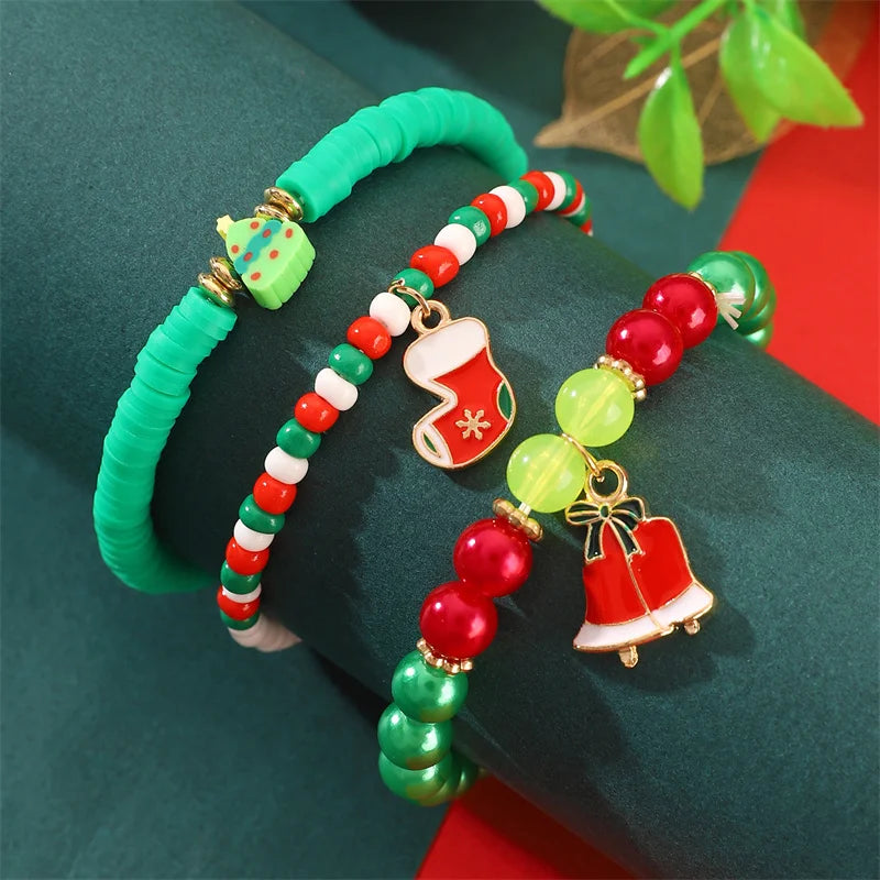 2-5 pcs Cute Christmas Series Bracelet Set For Women Men Santa Claus Snowman Snowflake Pendant Beads Bracelets Party Jewelry