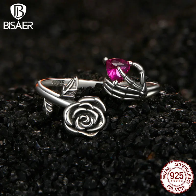 BISAER Bague ouverte en argent sterling 925 véritable avec motif de squelette rose vintage, taille réglable, pour femme, bijoux fins de fête