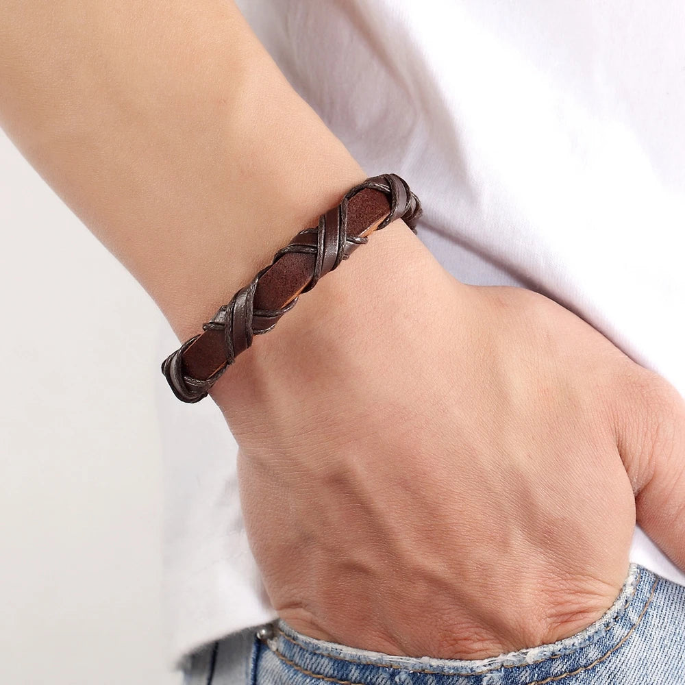 Bracelet TYO Creative tissé à la main en cuir PU noir/marron, motif tressé, accessoire pour femme et homme, cadeau idéal pour la fête des pères.