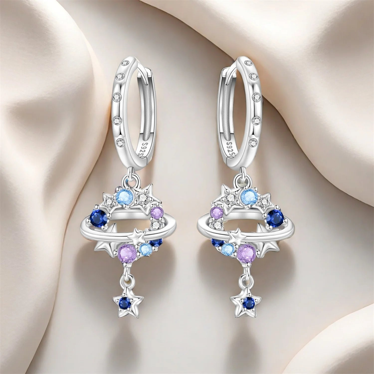 PANPOKI 925 Sterling Silver Colorful Zircon Starry Sky Drop Earrings Women Earrings Charm Fashion Versatile Party Jewelry Gifts