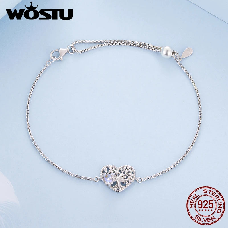 WOSTU 925 Silver Heart Shaped Tree of Life Pendant with Moonstone, Adjustable Chain Links for Women Valentine's Day Xmas Gift