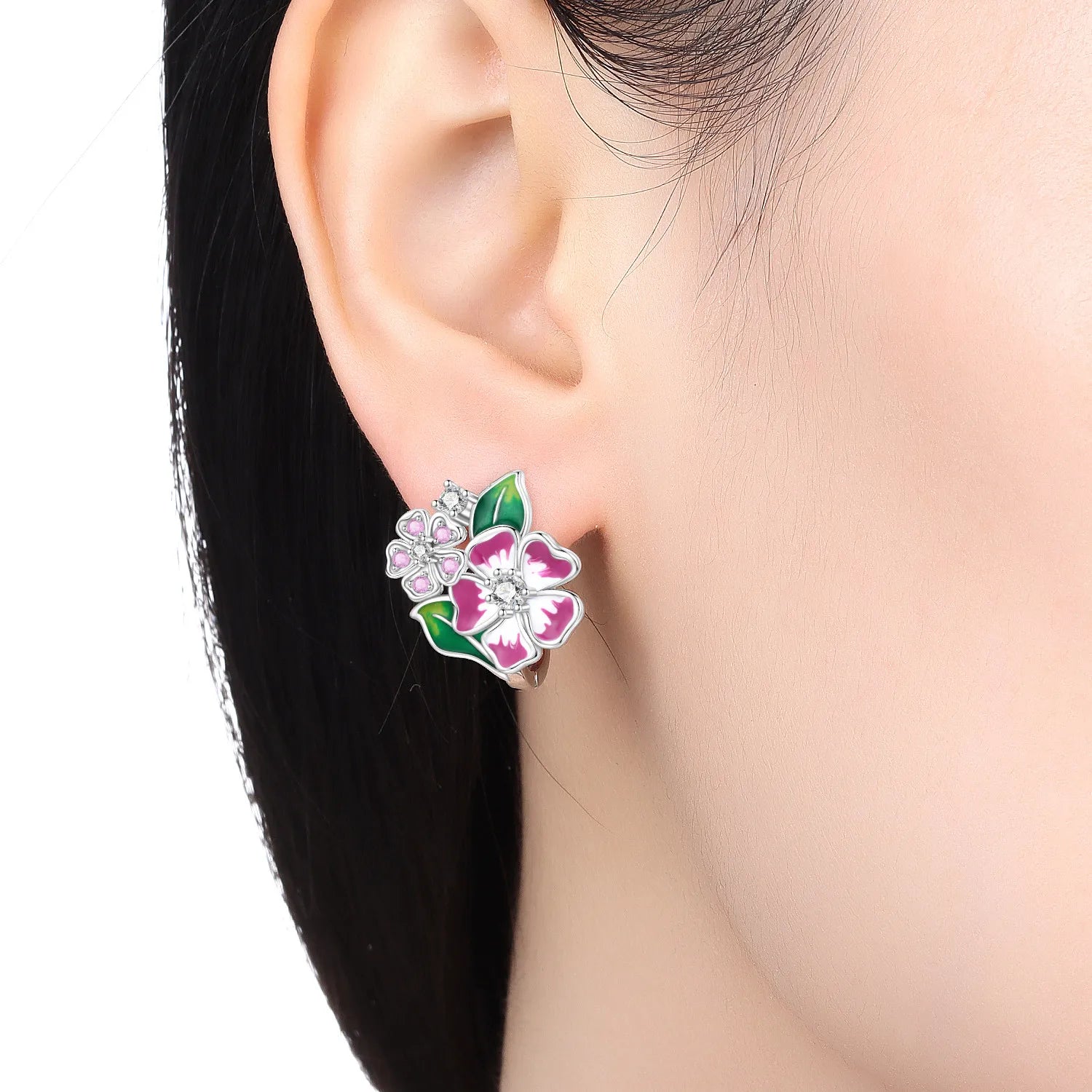 PANPOKI S925 Sterling Silver Pink Cherry Blossom Flower Earrings Versatile Hoop Earrings For Women Jewelry Original Party Gifts