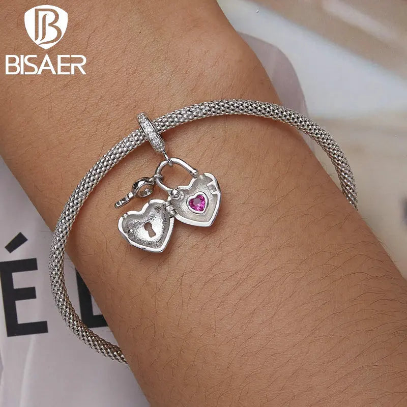 BISAER 925 Sterling Open Heart Lock Charm Perle Plaqué Platine Pendentif Fit DIY Bracelet Bijoux Saint Valentin Cadeau d'Anniversaire