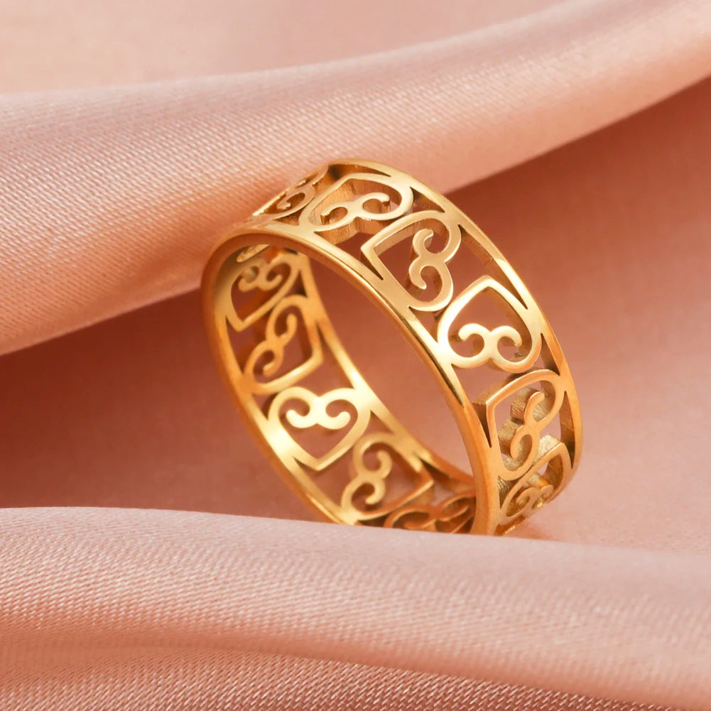 HIPEE Fashion Hollow Love Heart Rings Round Hollow Geometric Ring For Women Stainless Steel Finger Ring Jewelry Gifts
